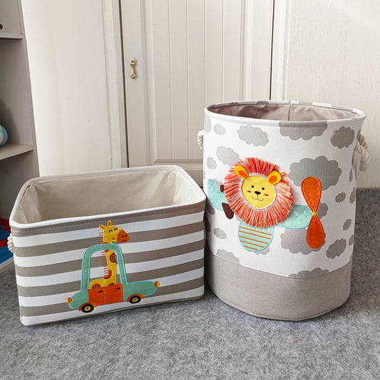 Embroidered Safari Canvas Toy Storage Basket